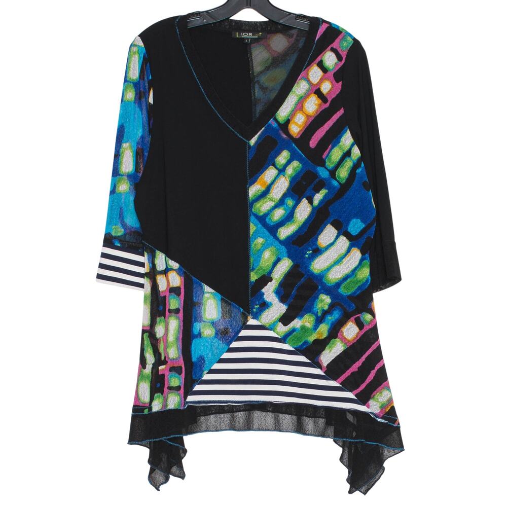 Lior Paris Tunic Top Mesh Abstract Patchwork Asymmetrical Artsy 3/4 Sleeve L